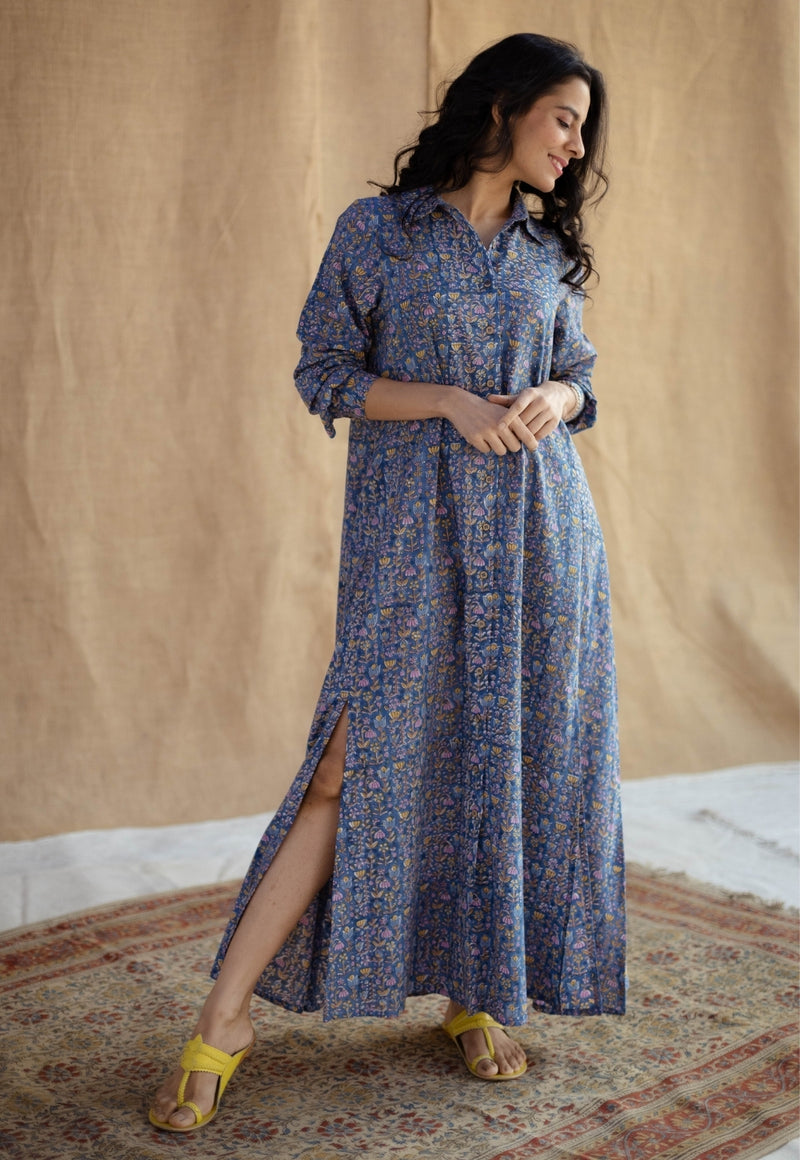 Trusha Blue Sanganeri Slub Cotton A Line Dress