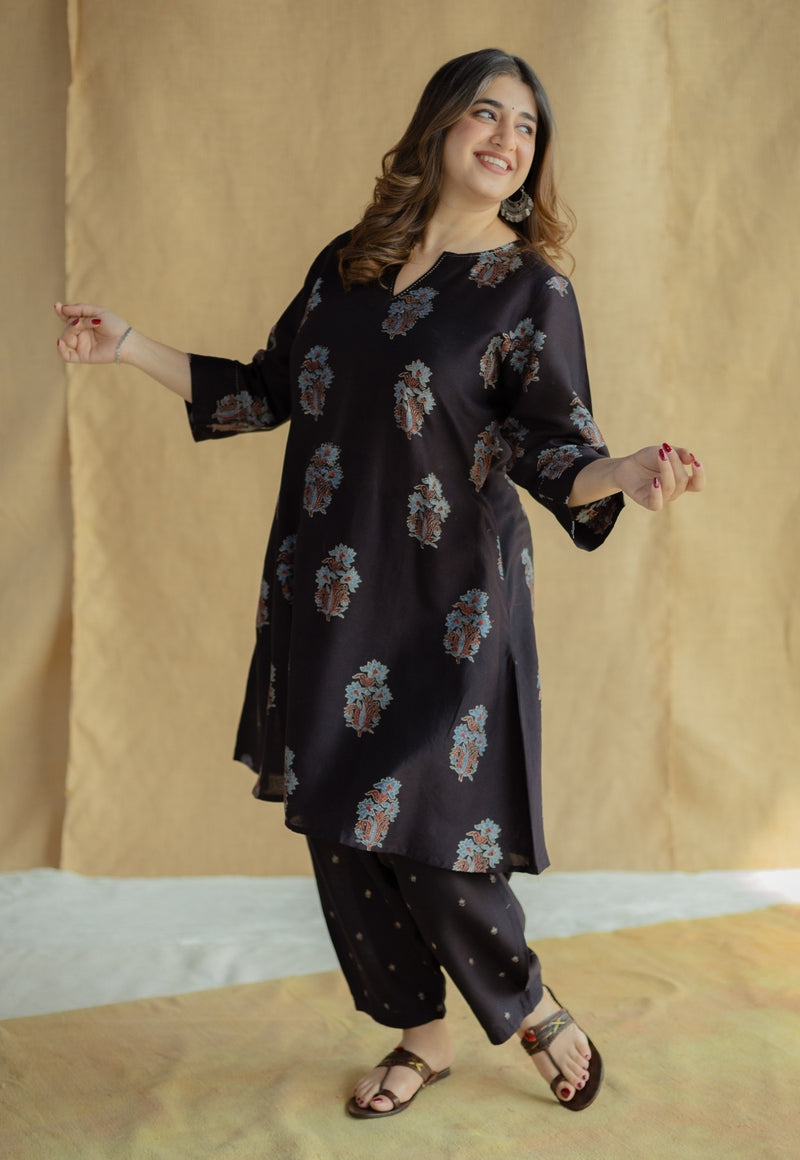 Daksha Black Ajrakh Chanderi Silk A Line Kurta with Hand Embroidery