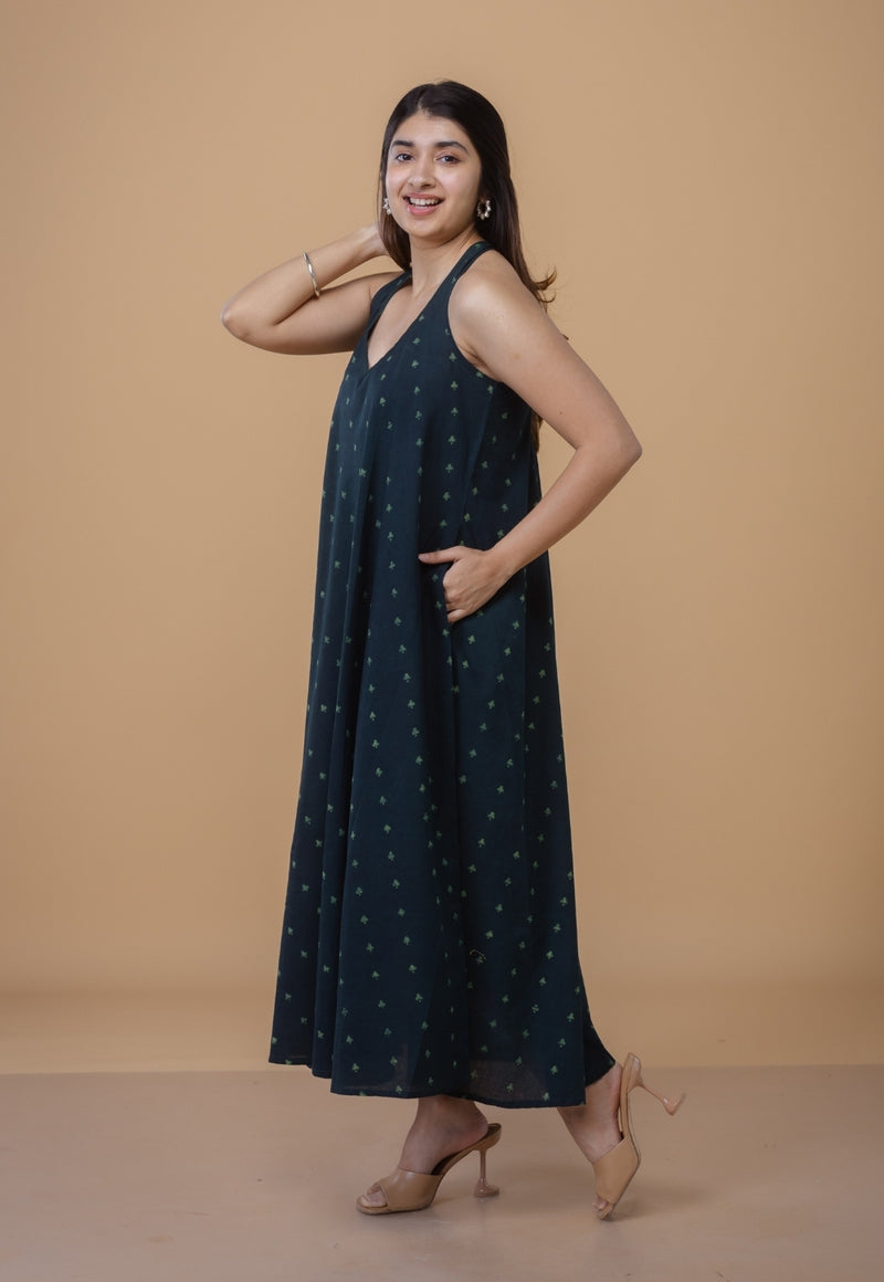 Tashi Green Dabu Cotton A Line Dress