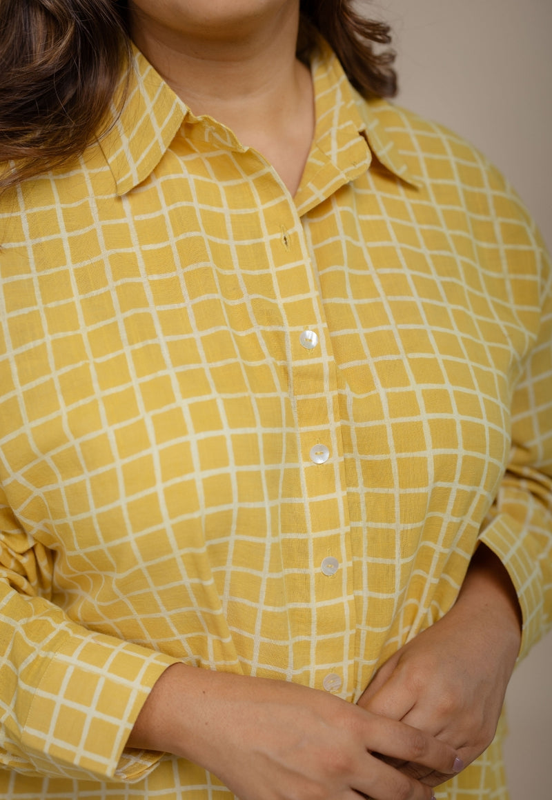 Ruhi Yellow Hand Block Print Slub Cotton Anti-Fit Shirt