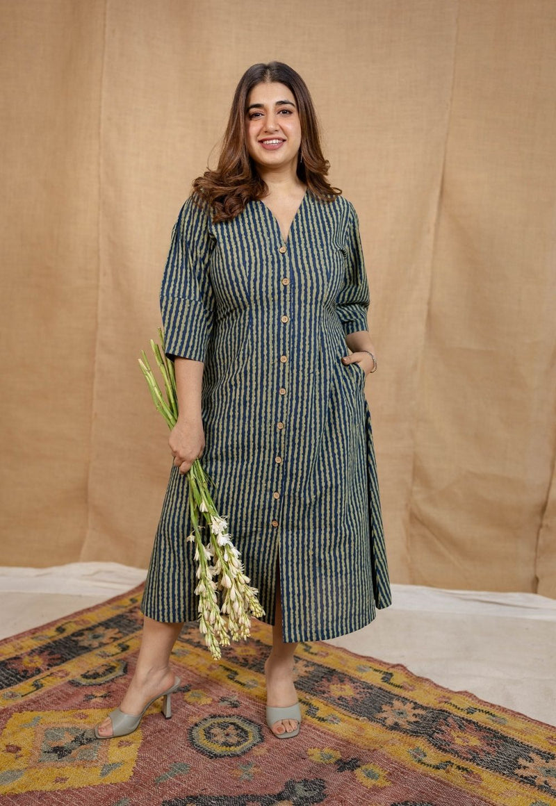 Nimit Indigo Ajrakh Cotton A Line Dress