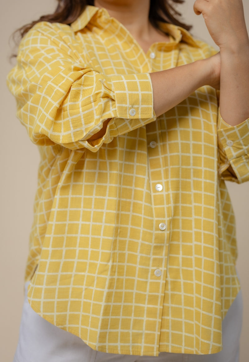 Ruhi Yellow Hand Block Print Slub Cotton Anti-Fit Shirt
