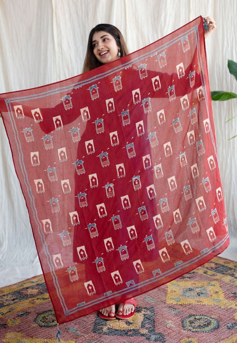 Jharoka Red Ajrakh Mul Handblock Printed Scarf