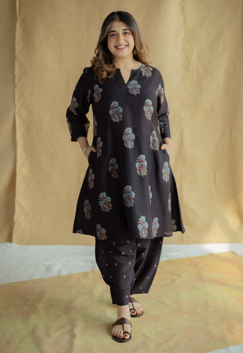 Daksha Black Ajrakh Chanderi Silk A Line Kurta with Hand Embroidery