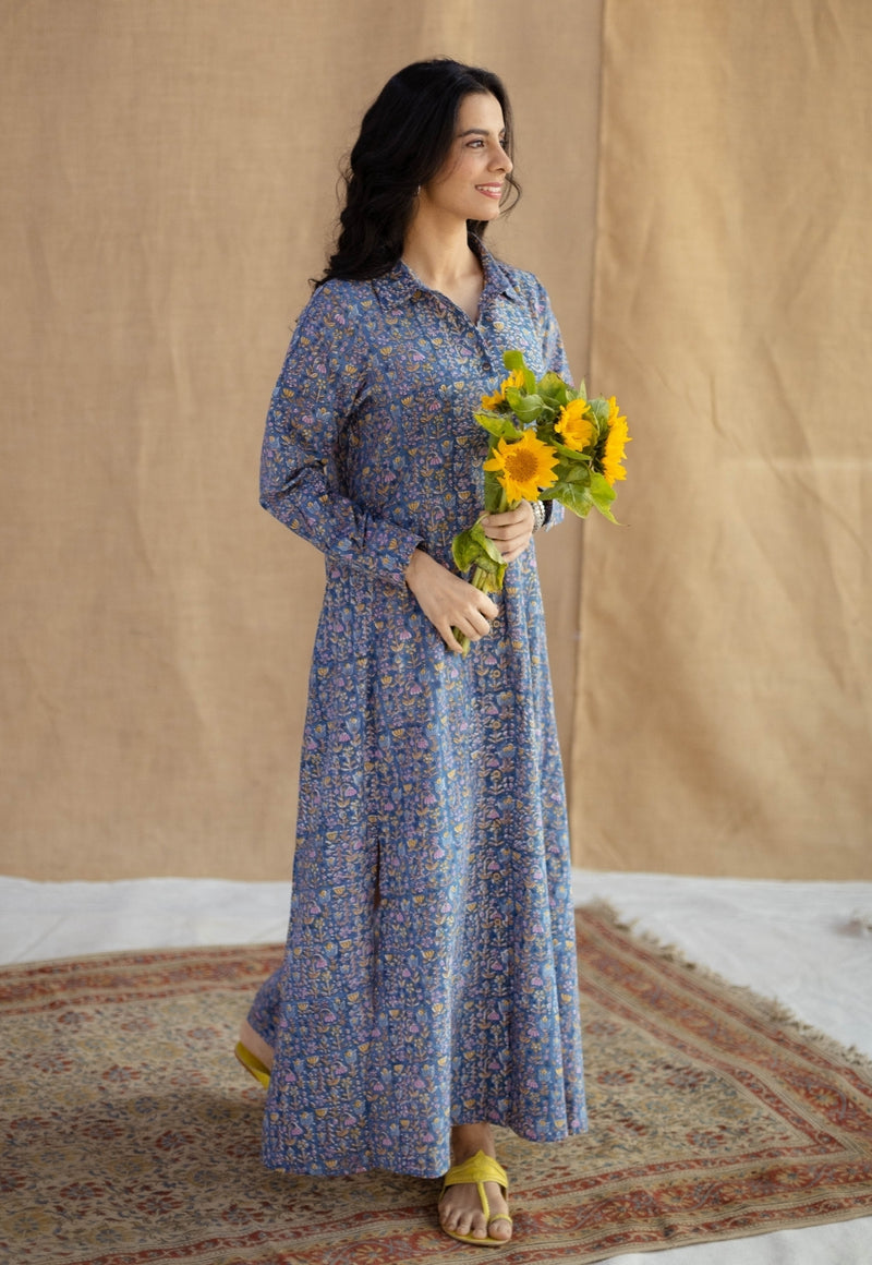 Trusha Blue Sanganeri Slub Cotton A Line Dress