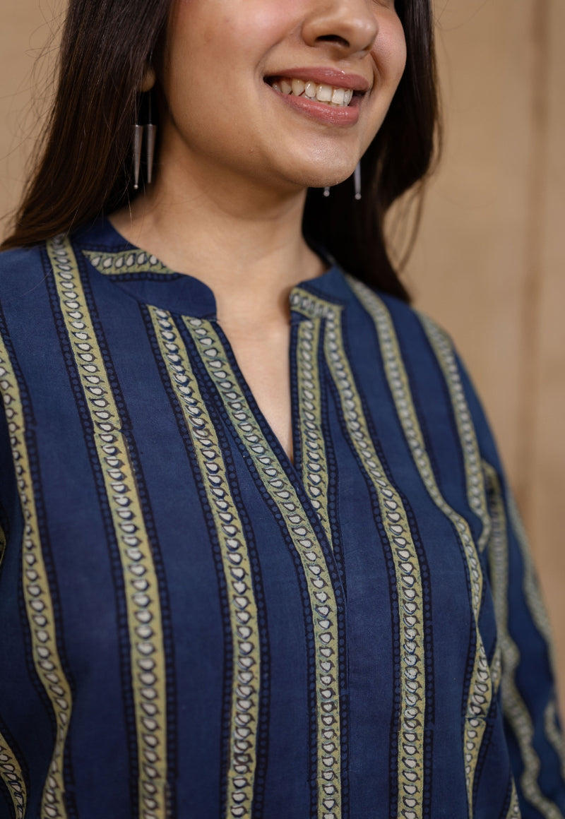 Hiba Indigo Ajrakh Cotton Straight Kurta