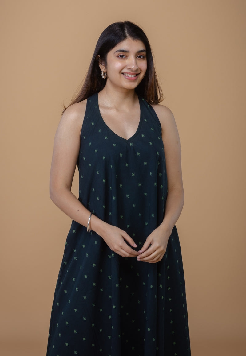 Tashi Green Dabu Cotton A Line Dress