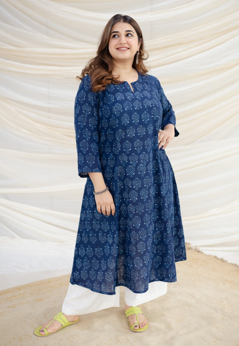 Zinal Indigo Dabu Slub Cotton Kali Kurta