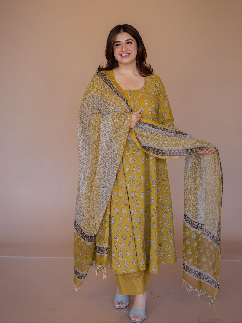 Akrita Yellow Bagru Cotton Kali Kurta