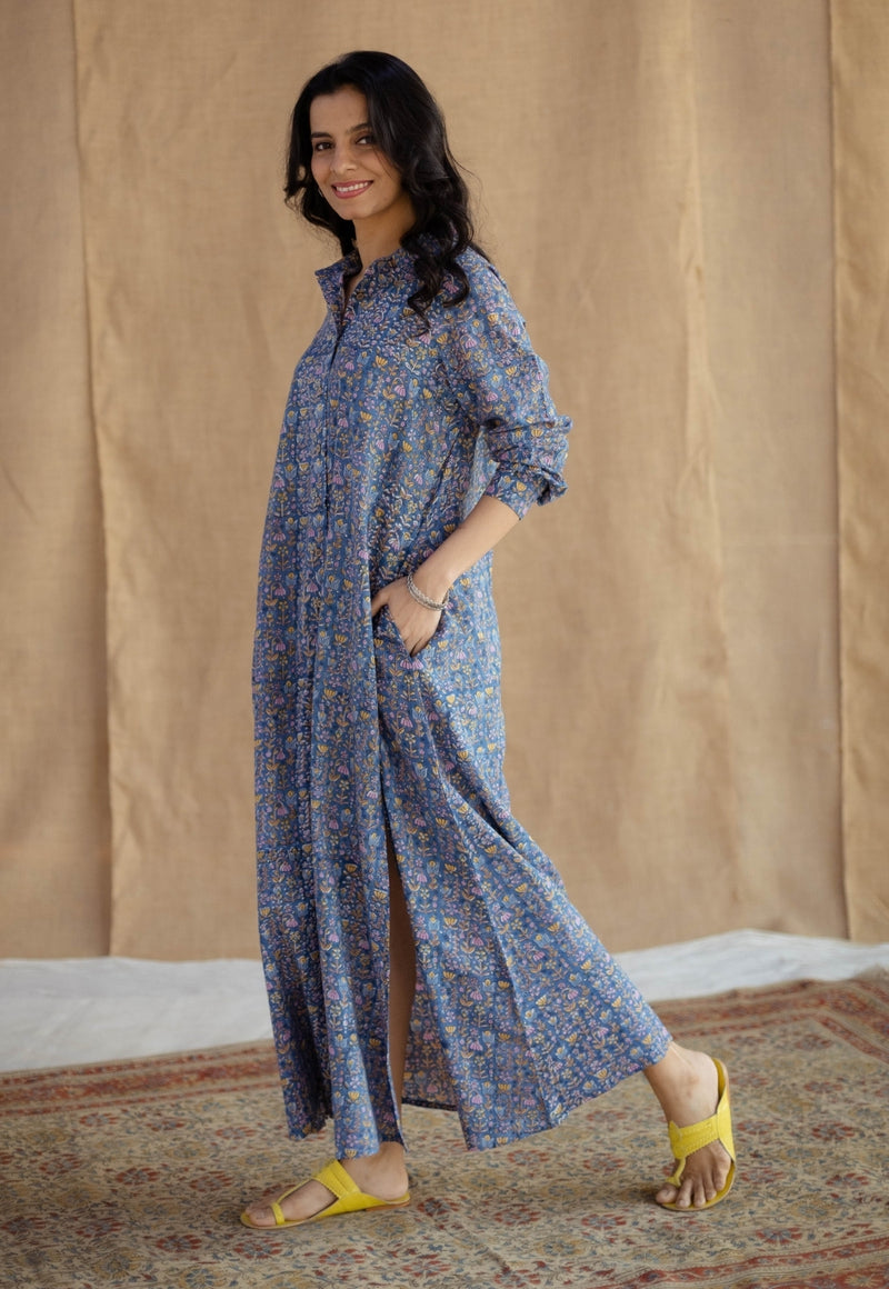 Trusha Blue Sanganeri Slub Cotton A Line Dress