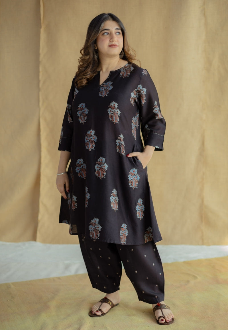 Daksha Black Ajrakh Chanderi Silk A Line Kurta with Hand Embroidery