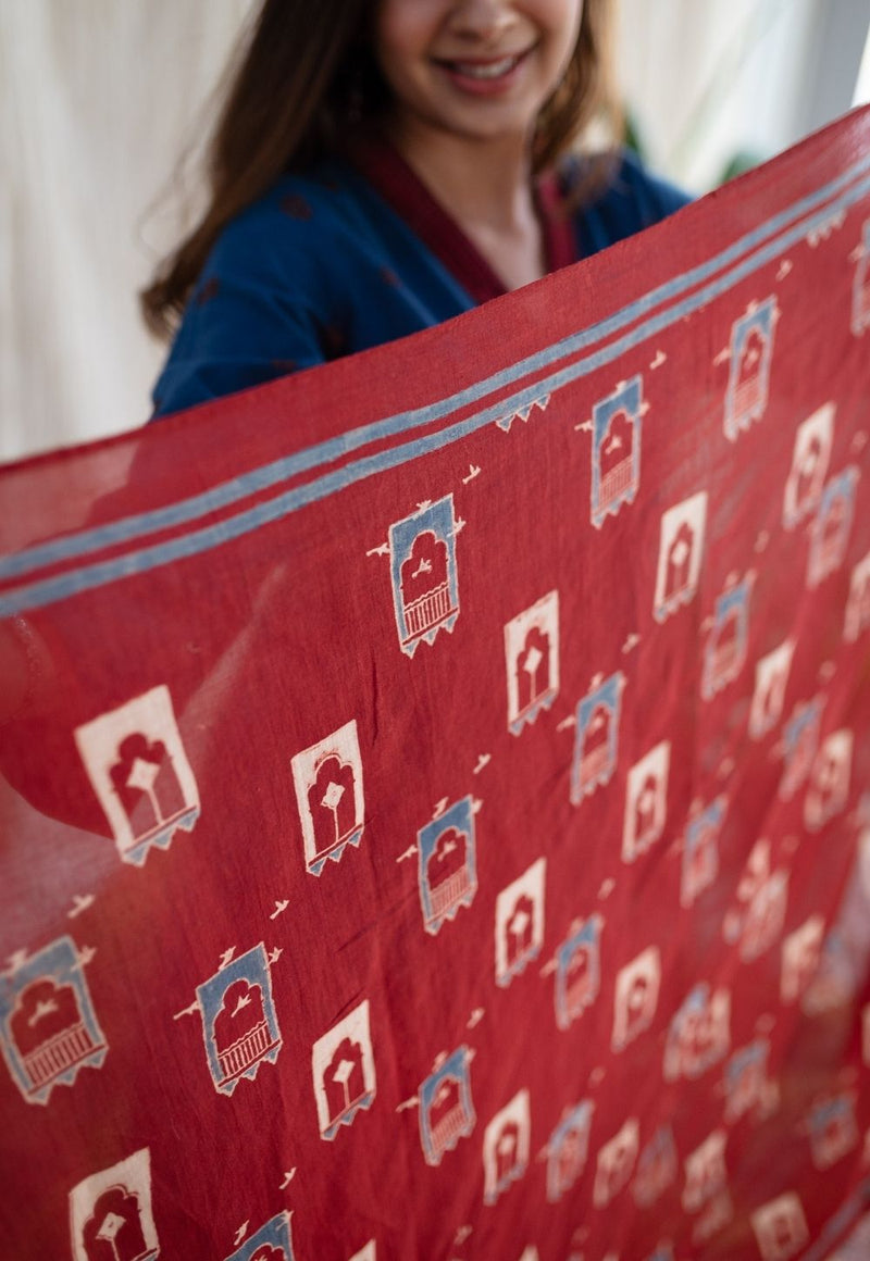 Jharoka Red Ajrakh Mul Handblock Printed Scarf