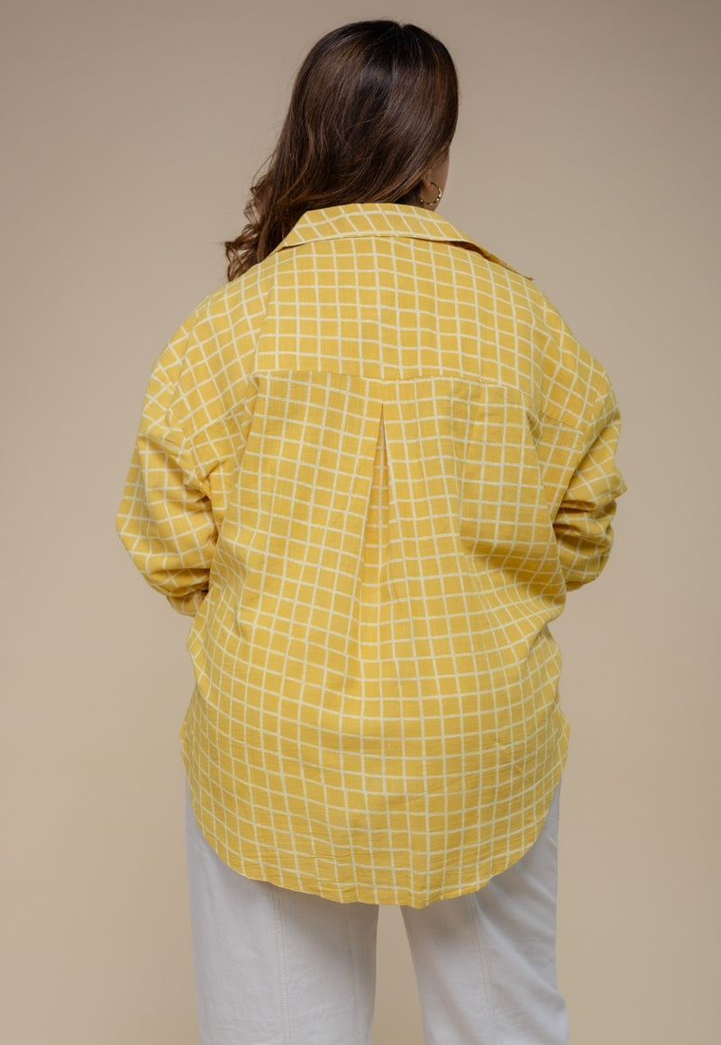 Ruhi Yellow Hand Block Print Slub Cotton Anti-Fit Shirt