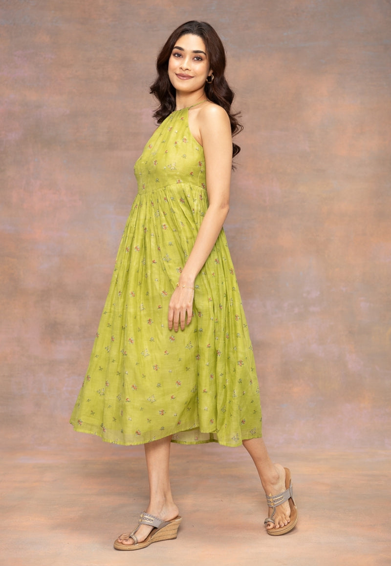 Rooz Green Sanganeri Chanderi Silk Silk A Line Dress