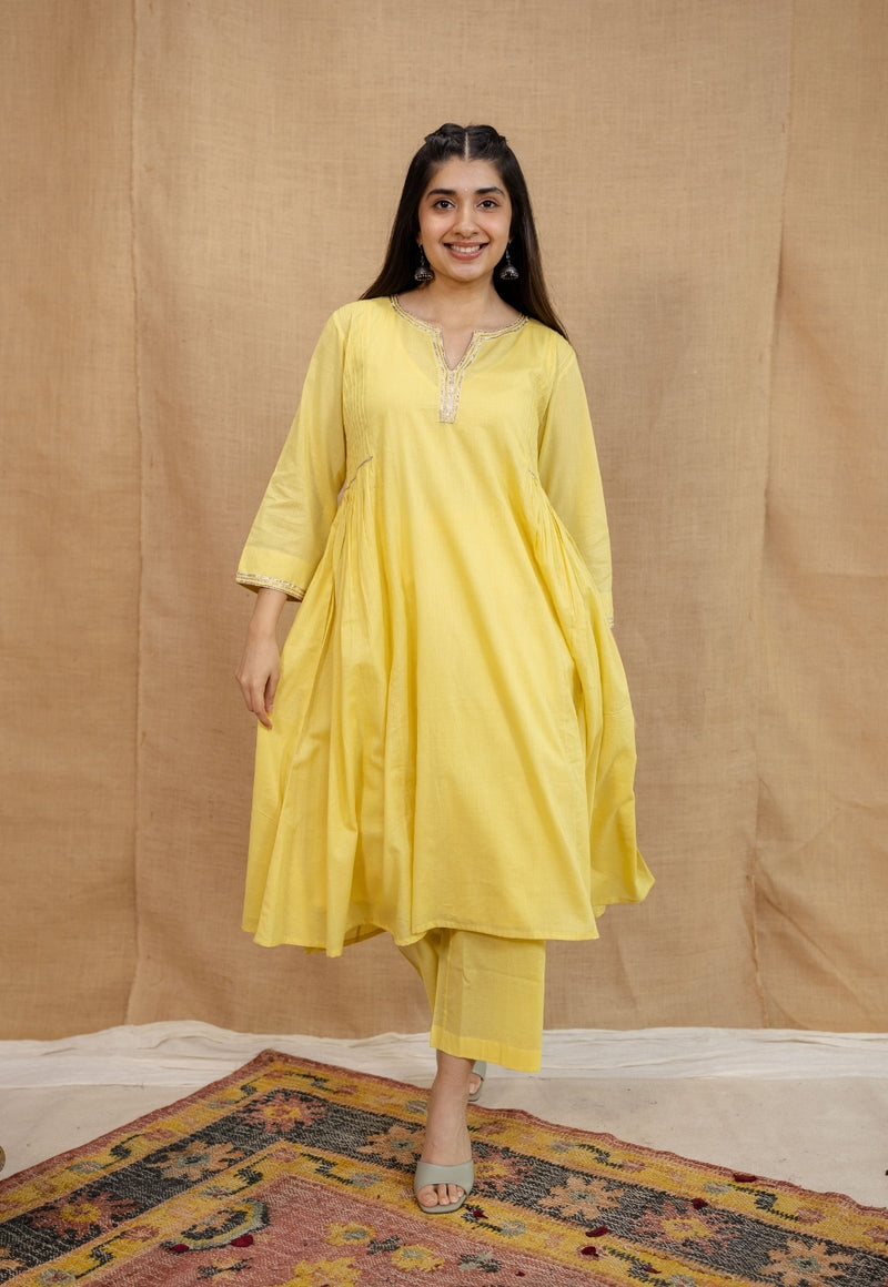 Urusha Mulmul Cotton Lime Yellow Kurta Set (Set of 3)