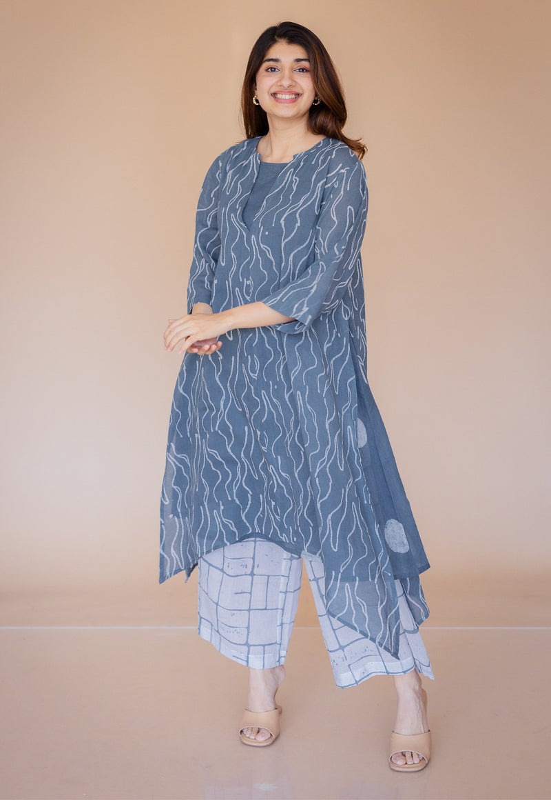 Jarsha Blue Batik MulMul A Line Kurta with Slip