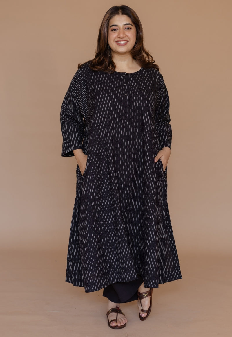 Alizah Black Handloom Ikkat Cotton Jhabbha Kali Kurta