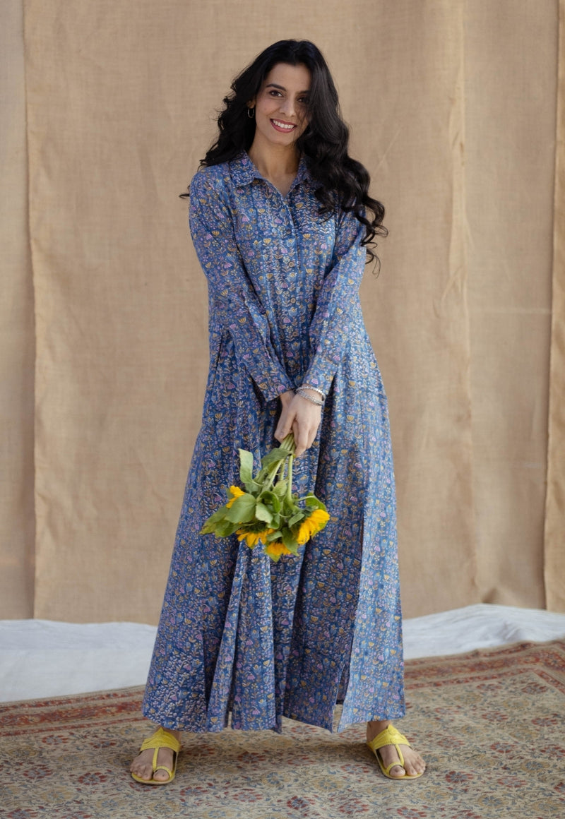 Trusha Blue Sanganeri Slub Cotton A Line Dress