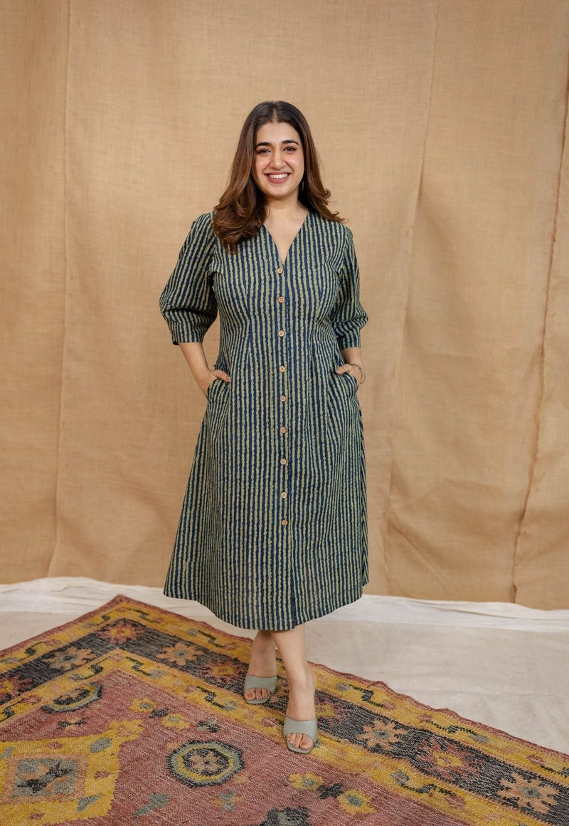 Nimit Indigo Ajrakh Cotton A Line Dress