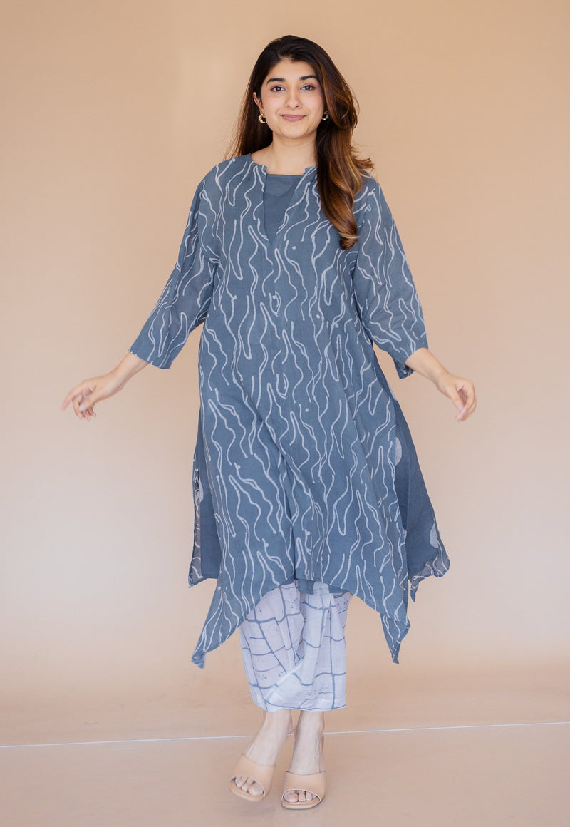 Jarsha Blue Batik MulMul A Line Kurta with Slip