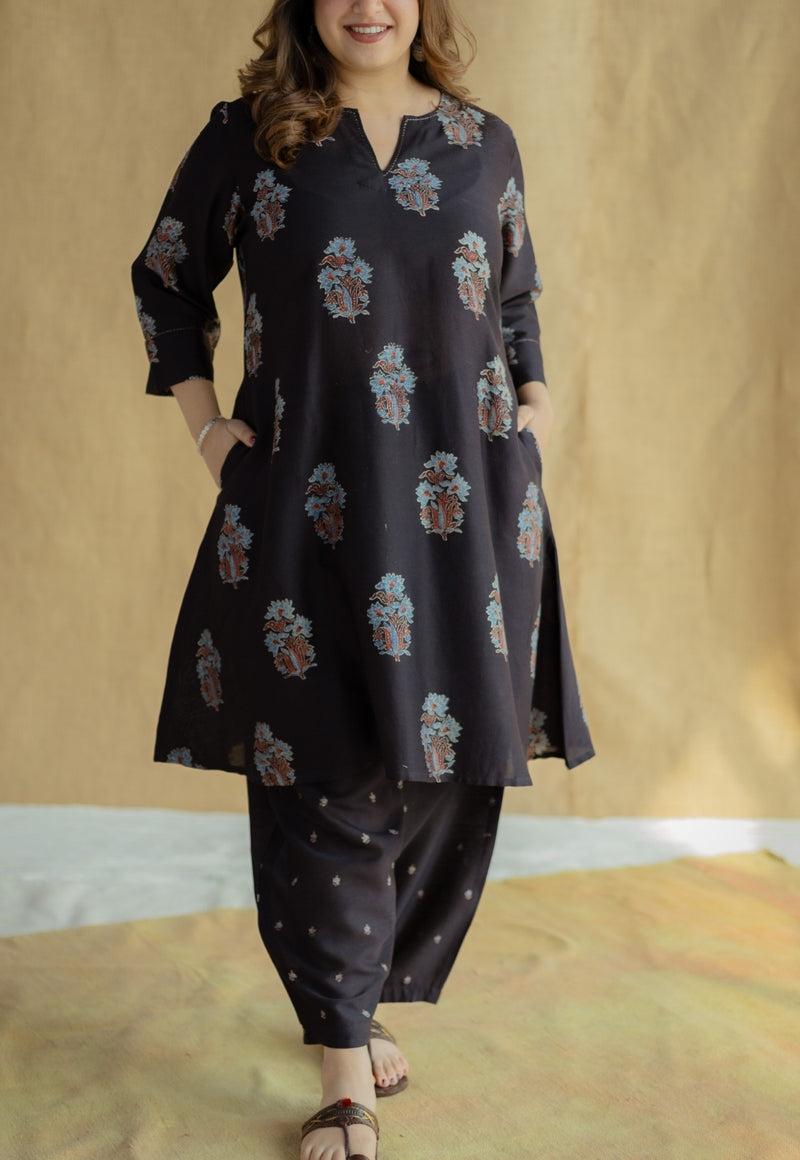 Daksha Black Ajrakh Chanderi Silk A Line Kurta with Hand Embroidery