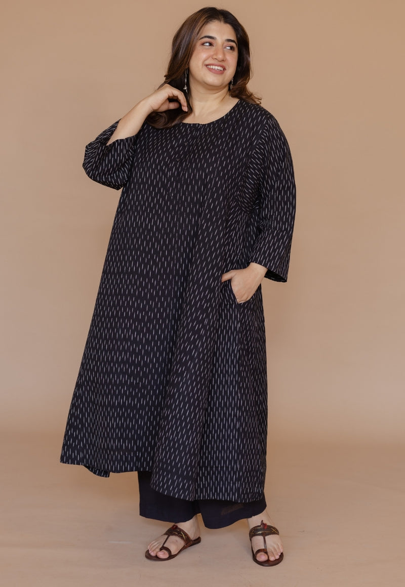 Alizah Black Handloom Ikkat Cotton Jhabbha Kali Kurta