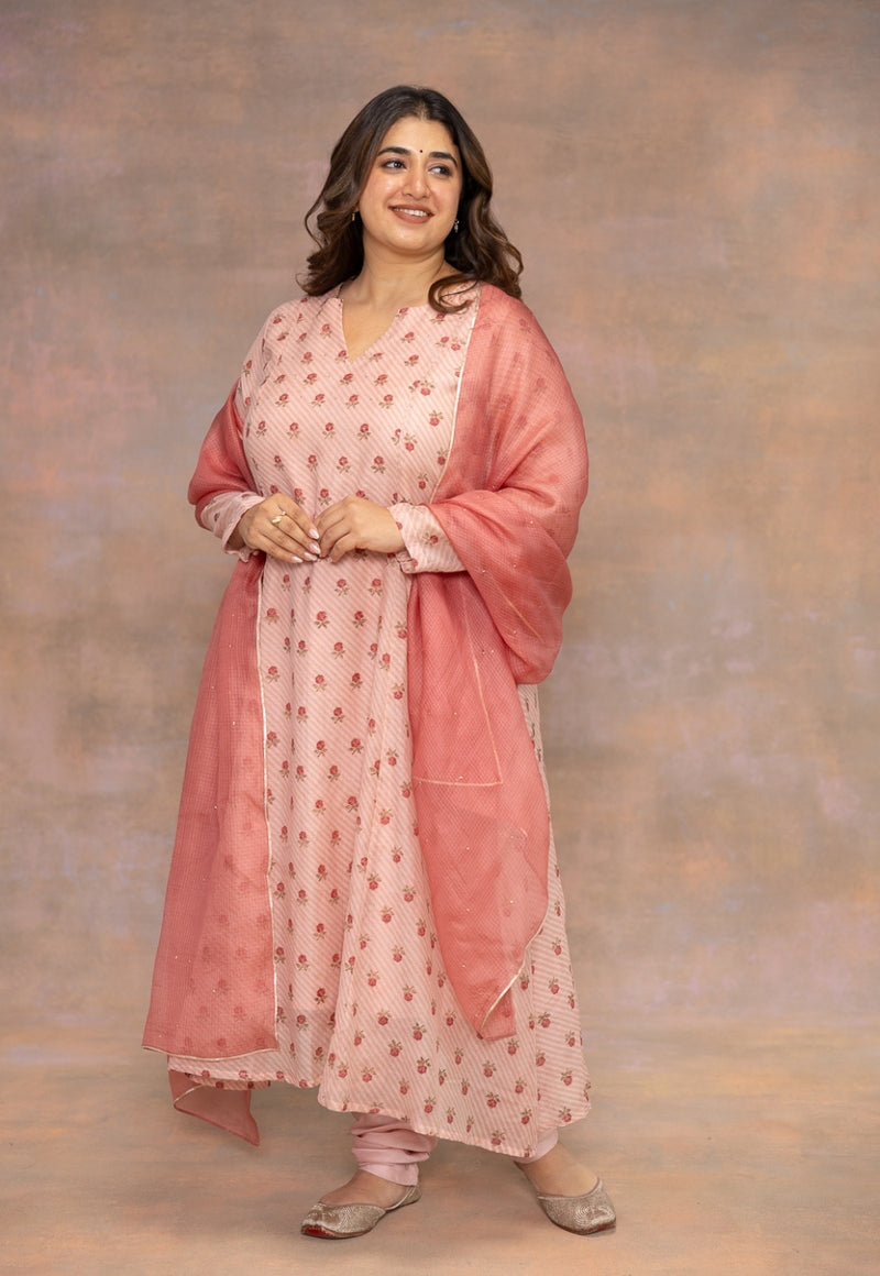 Rose Pink Sanganeri Chanderi Silk Kali Kurta with Hand Embroidery