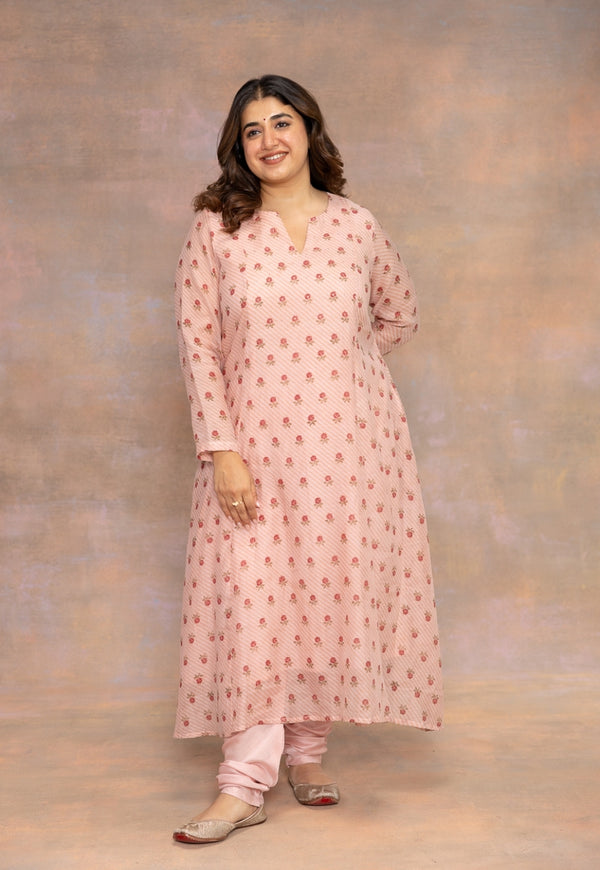 Rose Pink Sanganeri Chanderi Silk Kali Kurta with Hand Embroidery