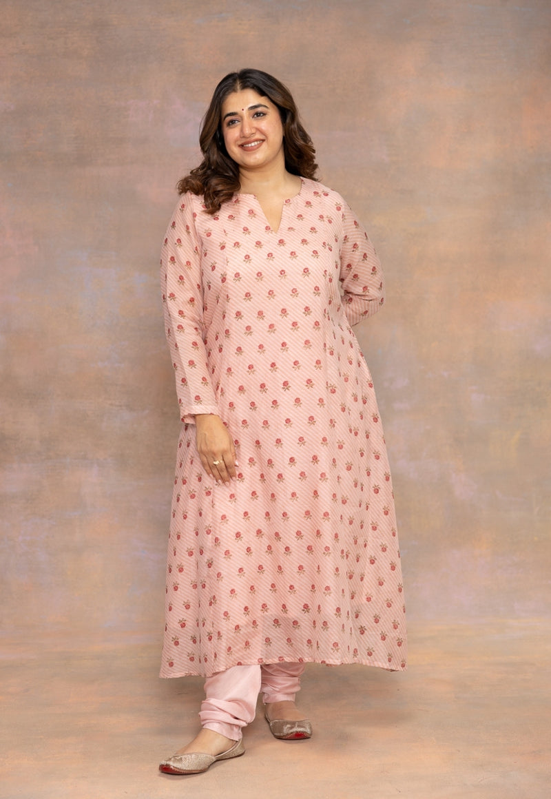 Rose Pink Sanganeri Chanderi Silk Kali Kurta with Hand Embroidery