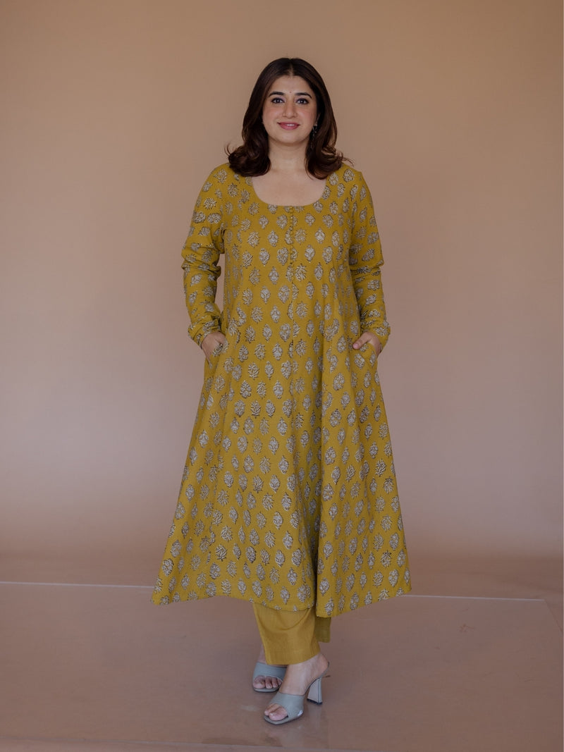 Akrita Yellow Bagru Cotton Kali Kurta
