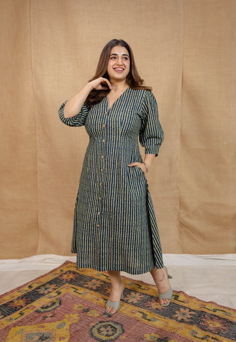 Nimit Indigo Ajrakh Cotton A Line Dress