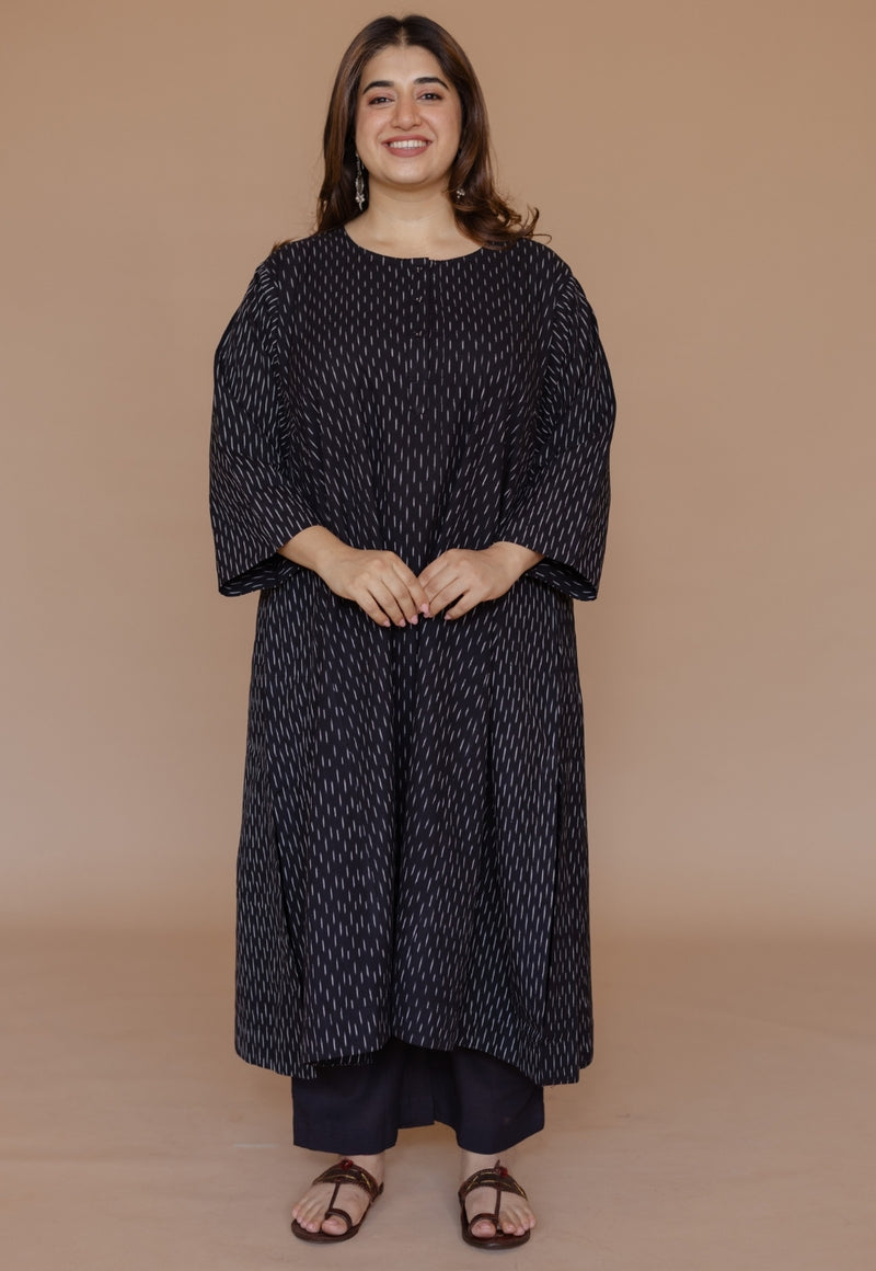 Alizah Black Handloom Ikkat Cotton Jhabbha Kali Kurta