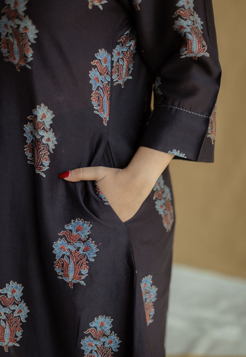 Daksha Black Ajrakh Chanderi Silk A Line Kurta with Hand Embroidery