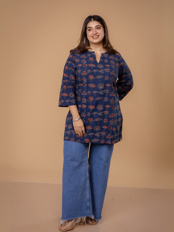 Mishel Blue Ajrakh Cotton Straight Short Top