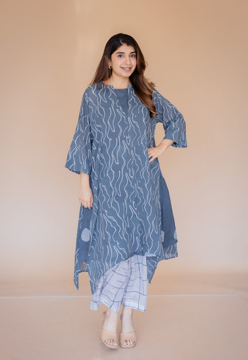 Jarsha Blue Batik MulMul A Line Kurta with Slip