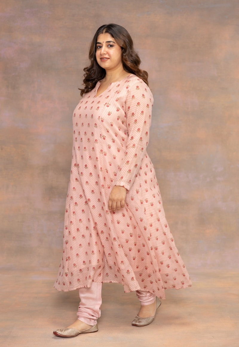 Rose Pink Sanganeri Chanderi Silk Kali Kurta with Hand Embroidery