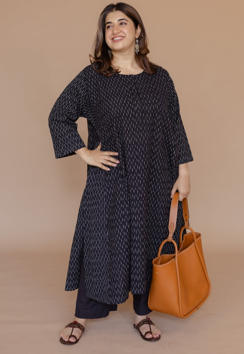 Alizah Black Handloom Ikkat Cotton Jhabbha Kali Kurta