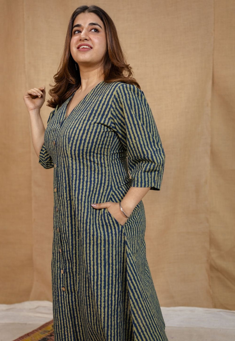 Nimit Indigo Ajrakh Cotton A Line Dress