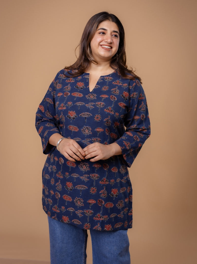 Mishel Blue Ajrakh Cotton Straight Short Top