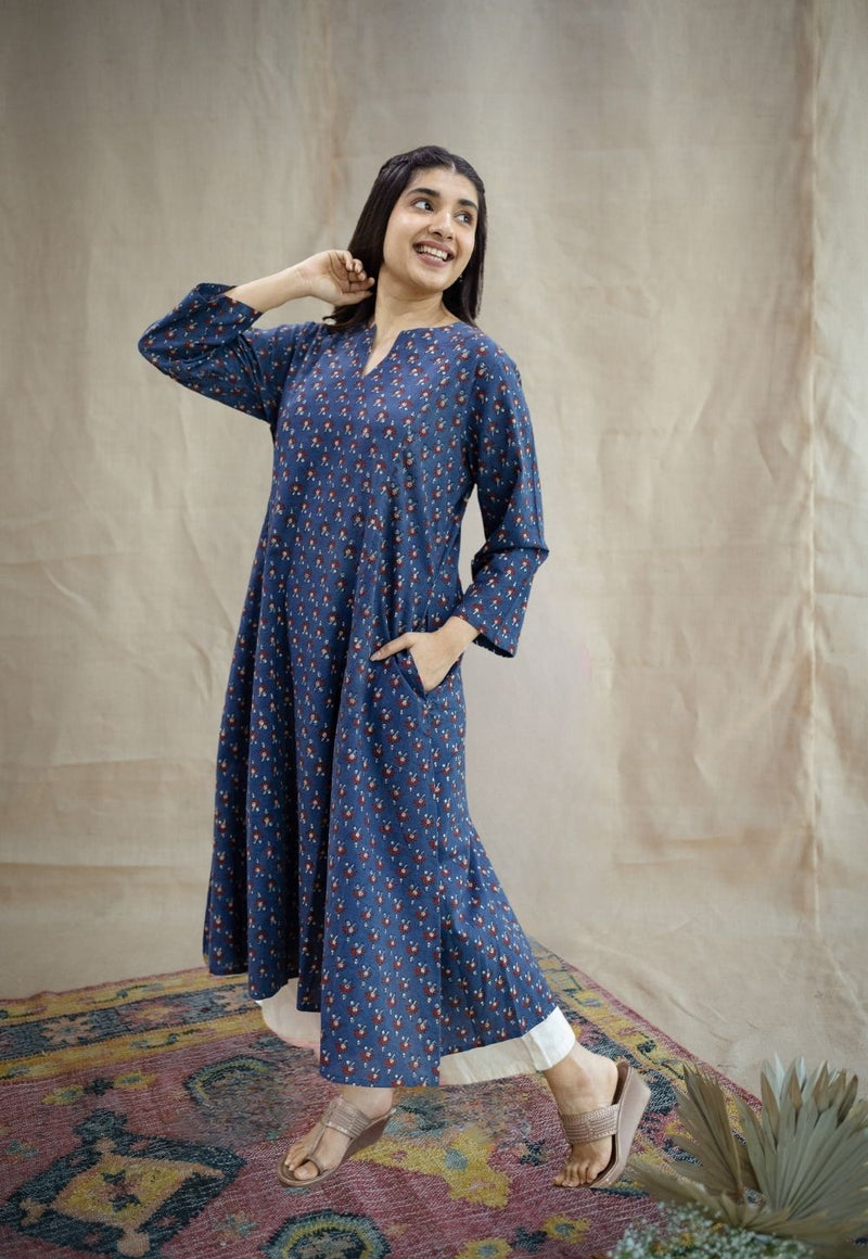 Malika Indigo Ajrakh Cotton Kali Kurta