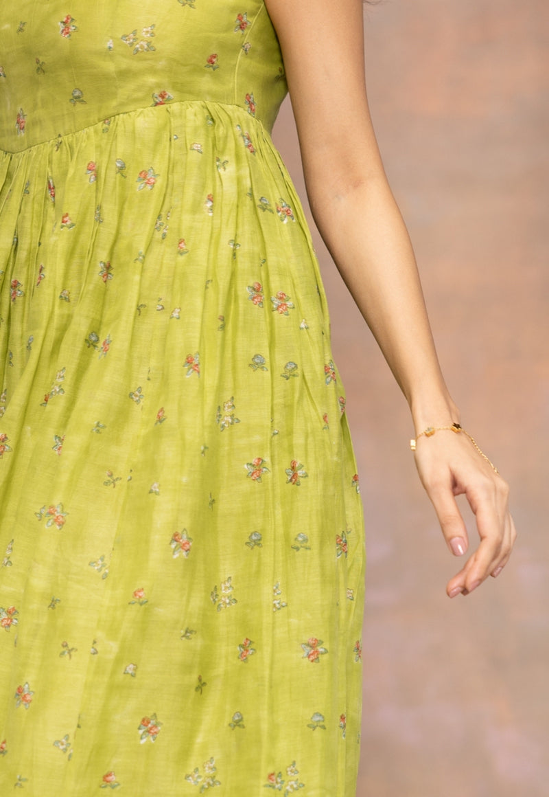 Rooz Green Sanganeri Chanderi Silk Silk A Line Dress