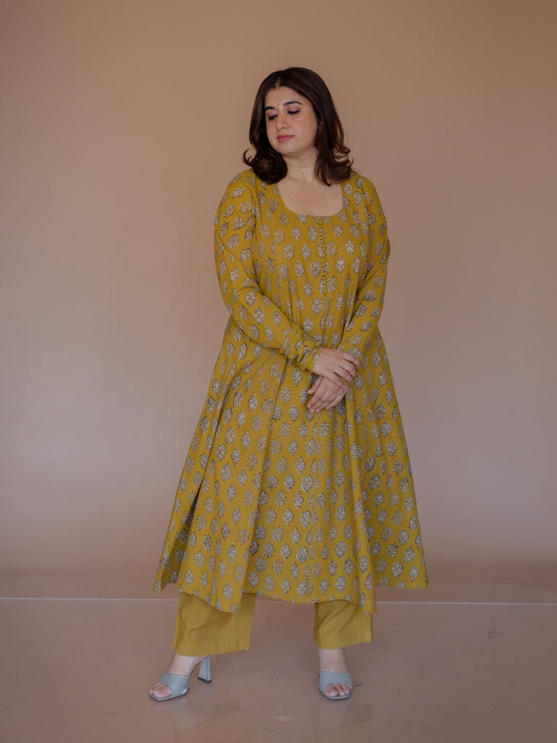 Akrita Yellow Bagru Cotton Kali Kurta