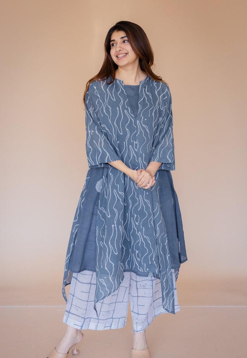 Jarsha Blue Batik MulMul A Line Kurta with Slip