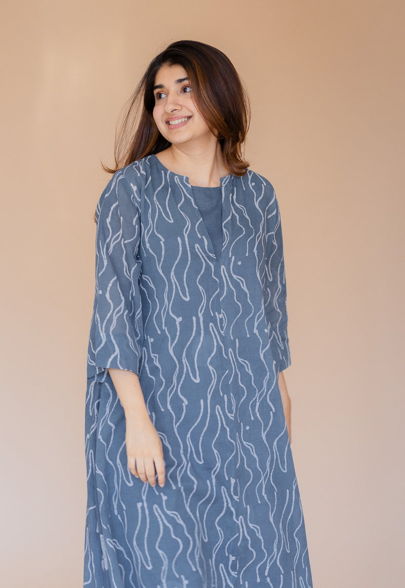 Jarsha Blue Batik MulMul A Line Kurta with Slip