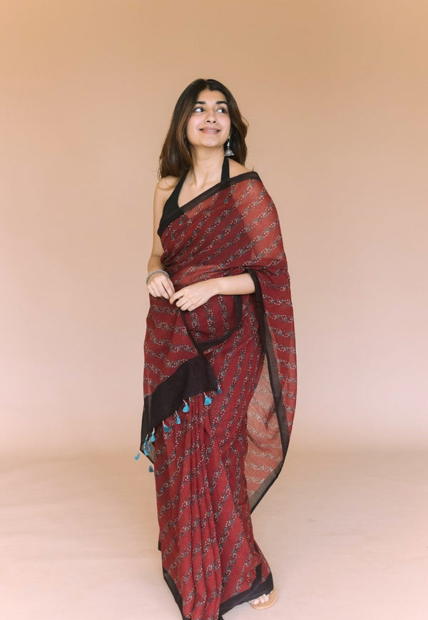 Red Floral Ajrakh Hand Block Print Kota Doria Cotton Saree