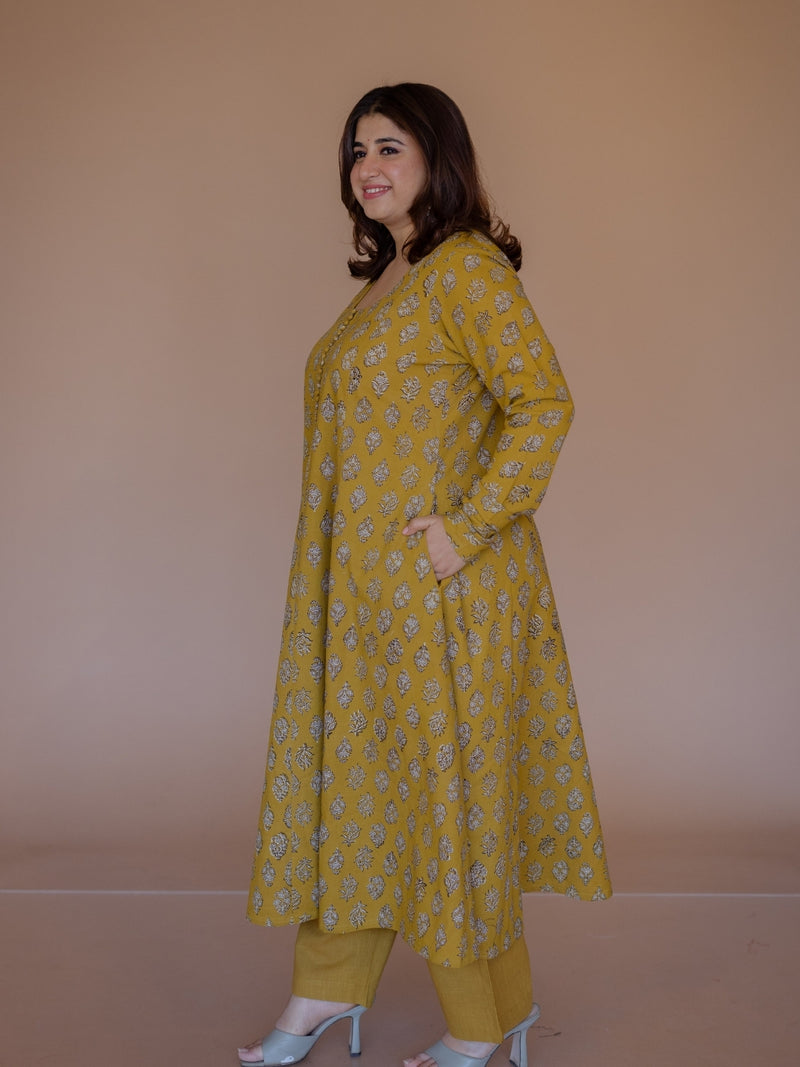 Akrita Yellow Bagru Cotton Kali Kurta