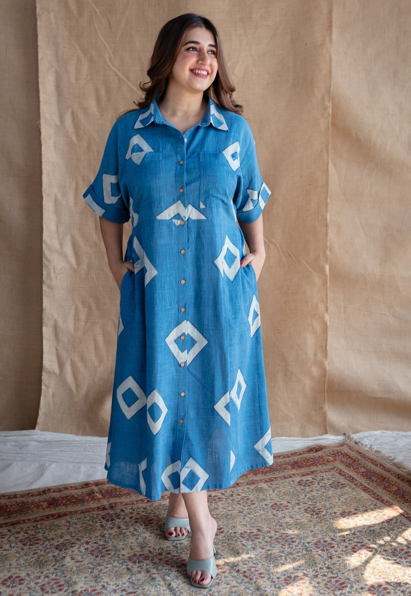 Arham Blue A Line Dabu Slub Cotton Dress