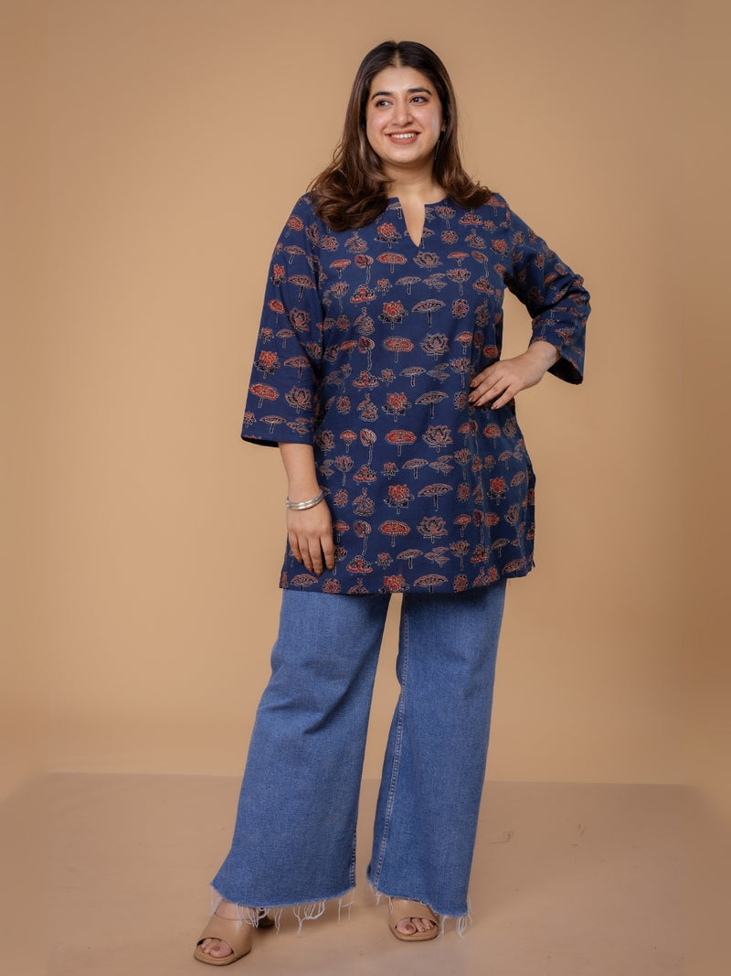 Mishel Blue Ajrakh Cotton Straight Short Top