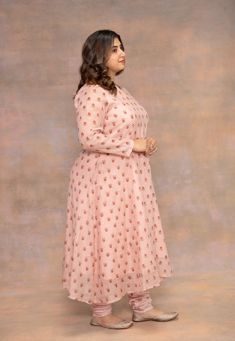 Rose Pink Sanganeri Chanderi Silk Kali Kurta with Hand Embroidery