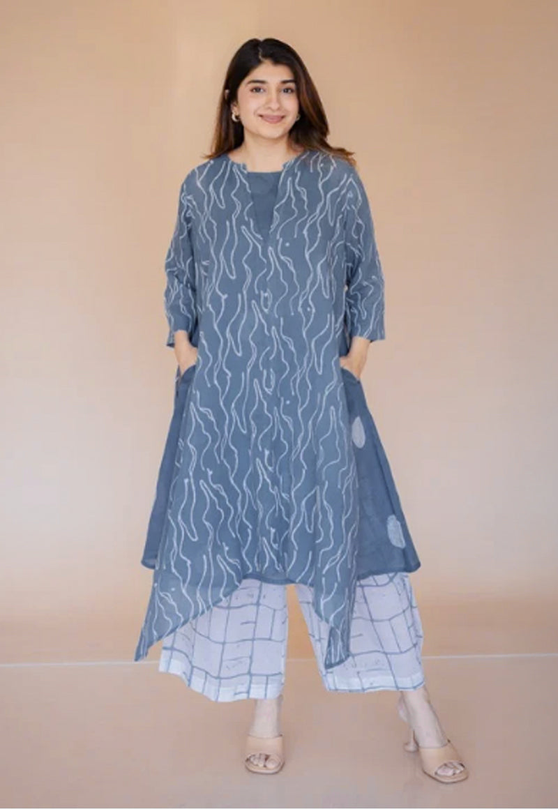 Jarsha Blue Batik MulMul A Line Kurta with Slip